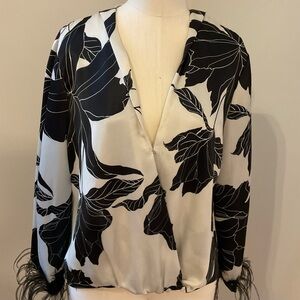 Rinascimento Black and White Leaf Pattern Blouse with feathers